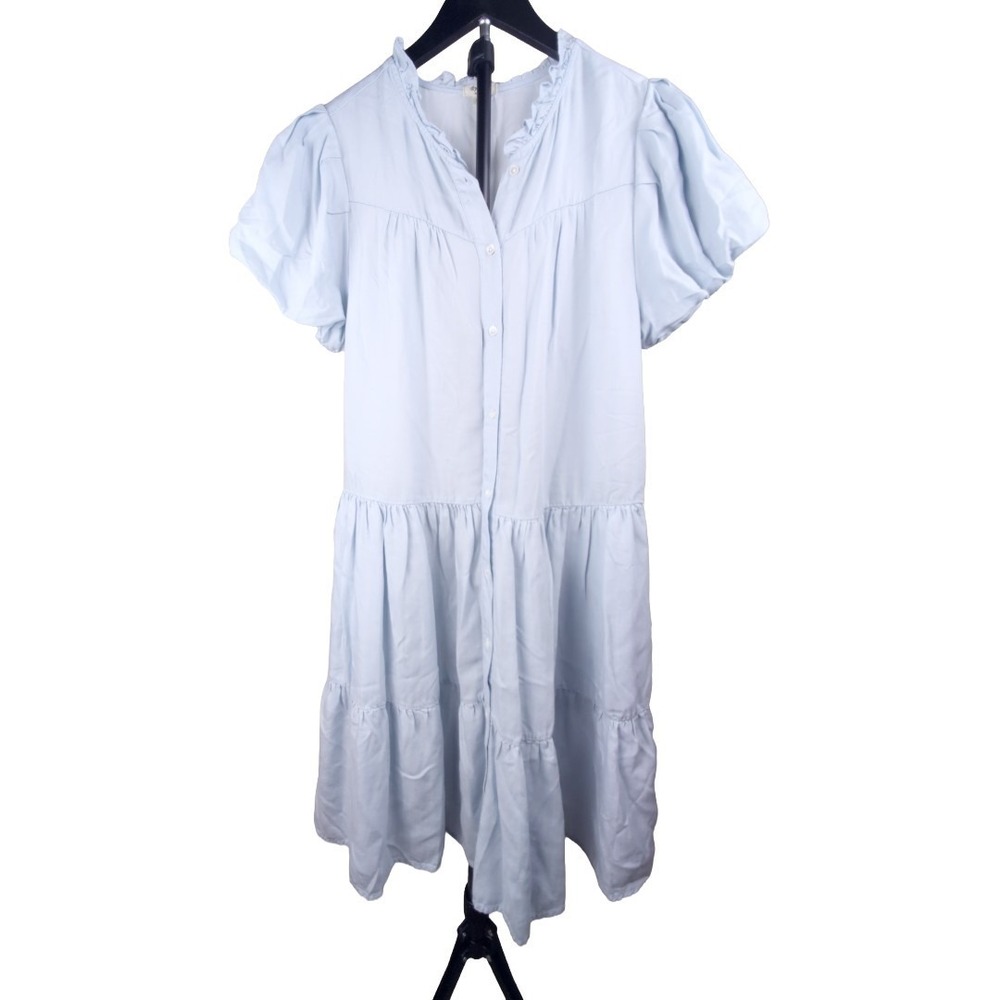 Puff Sleeve Blue Knee Length‎ Tiered Shirt Dress Pockets Tencel Med Cottagecore